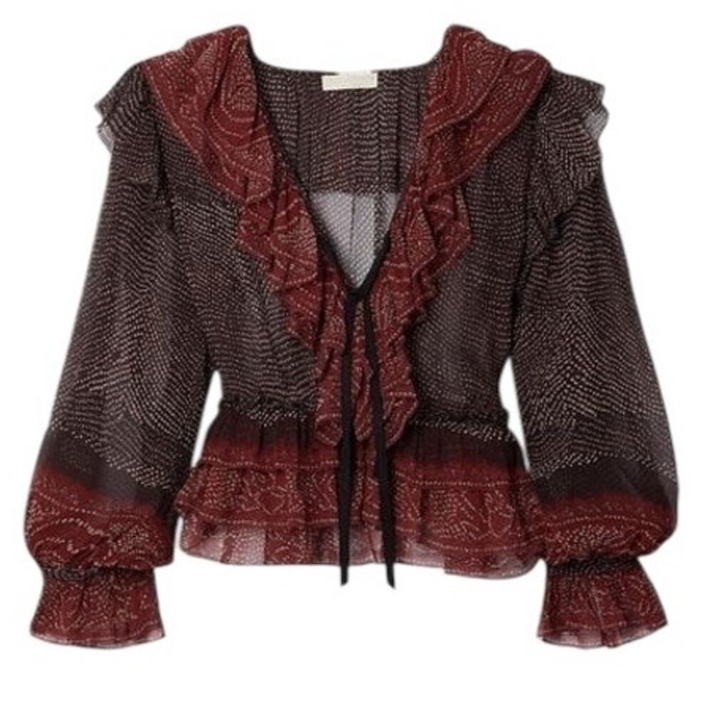 Ulla Johnson Vivian Ruffled Printed Silk-Crepon Blouse Semi Sheer Size 0 XS